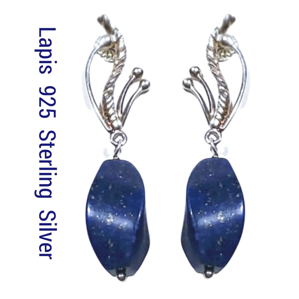 Lapis Lazuli Blue Sparkle Specs Drop Dangle 925 Sterling Silver Earrings